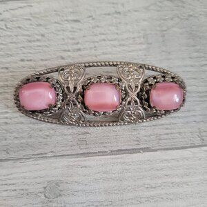 Vintage Czech Ornate Silver Filigree Pink Moon Stone Brooch Pin Jewelry